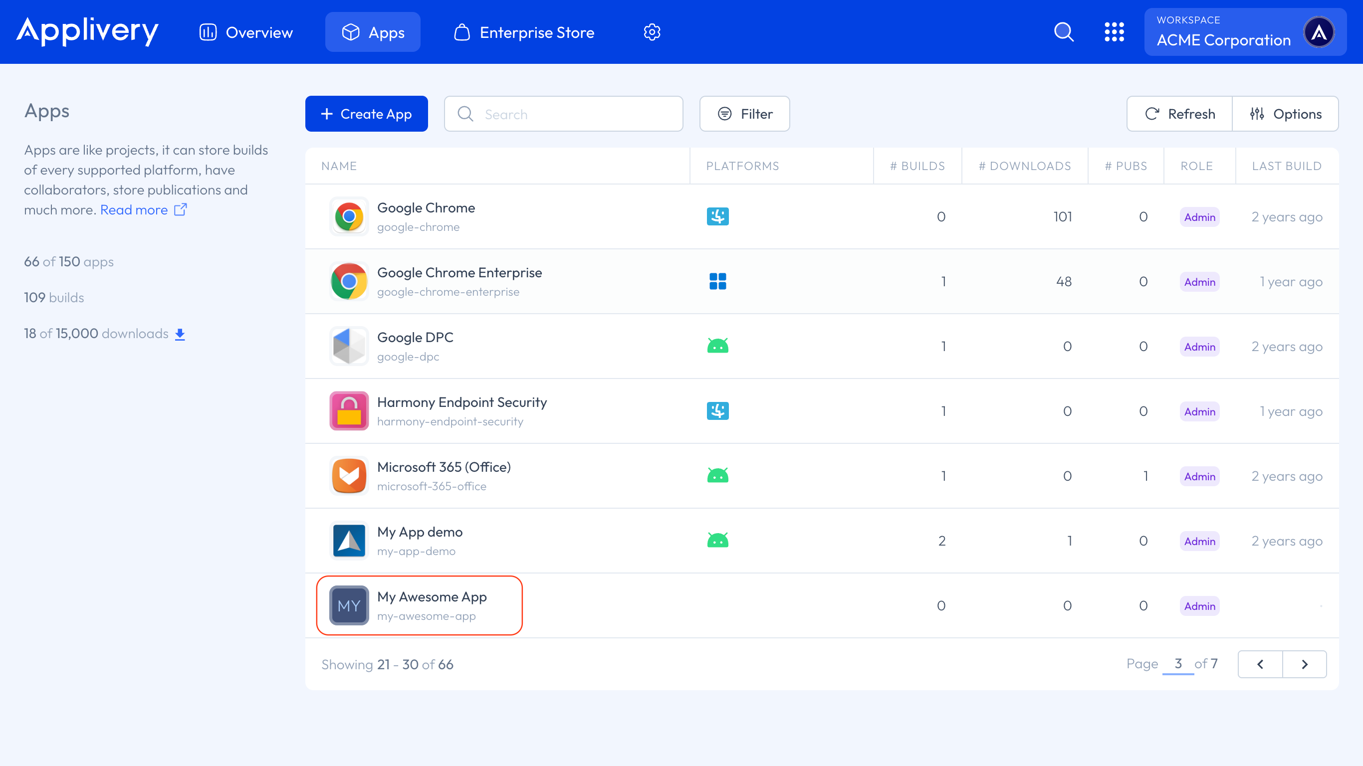 Apps section