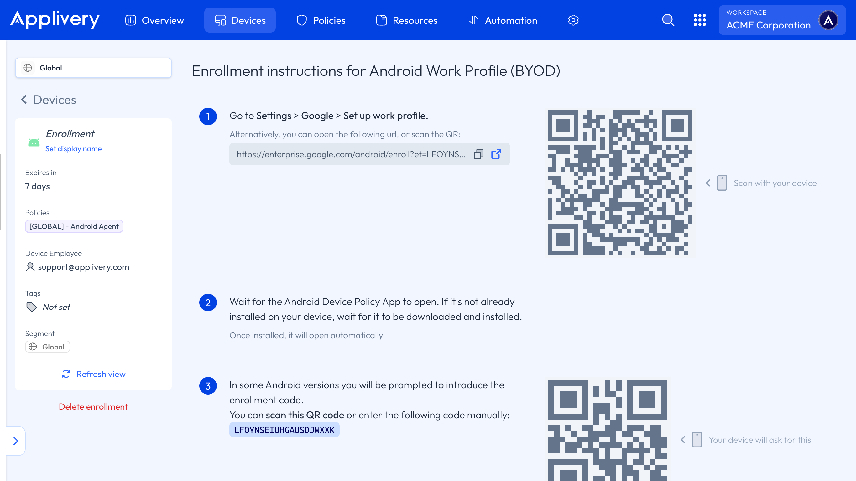 manual enrollment instructions for Work Profile