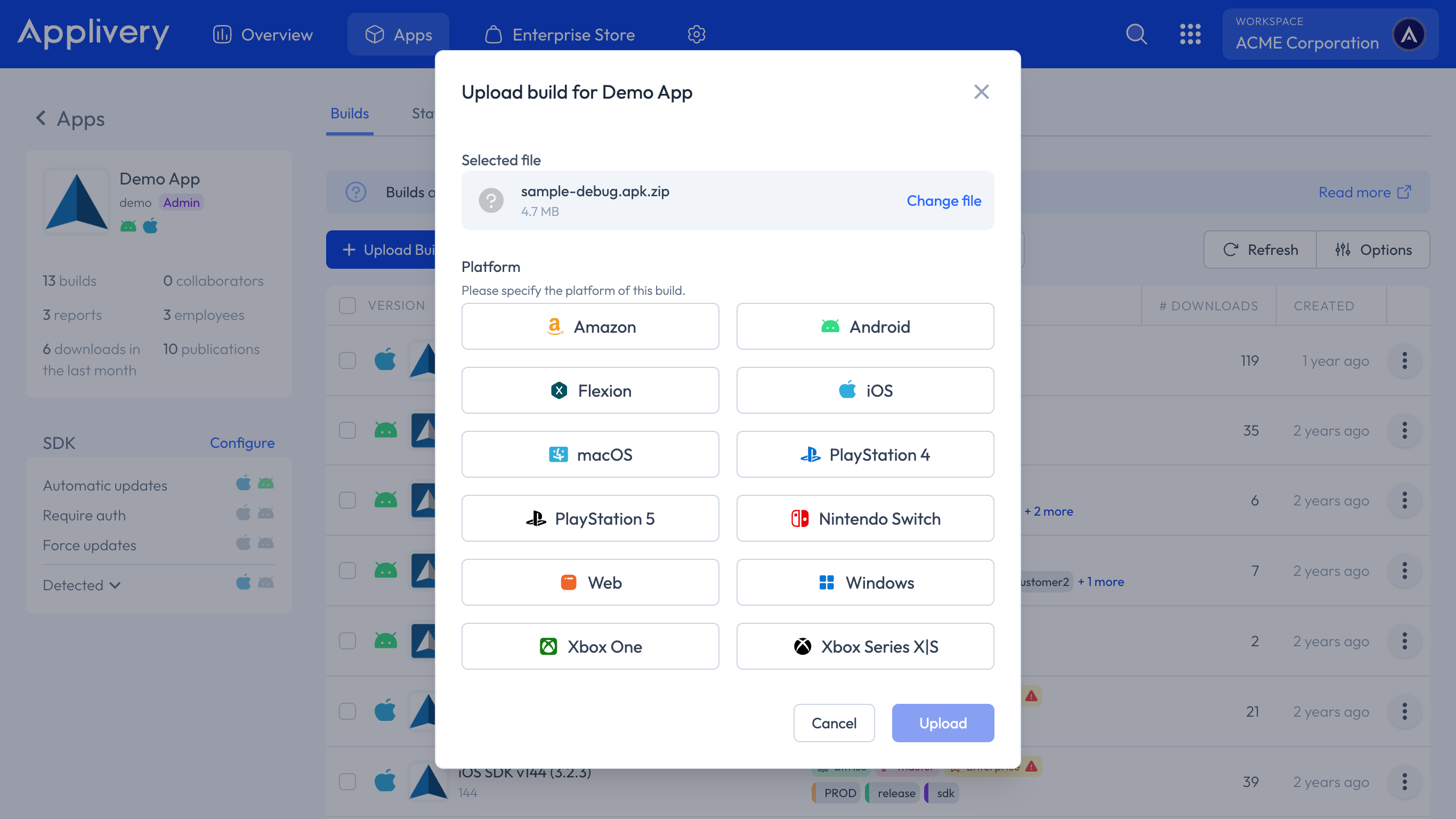 upload build for custom platform